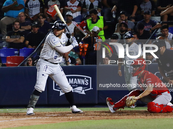 Carlos Soto #8 of Sultanes de Monterrey bats during the 2024 Mexican Baseball League (LMB) King Series Championship match between Diablos Ro...