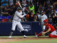 Carlos Soto #8 of Sultanes de Monterrey bats during the 2024 Mexican Baseball League (LMB) King Series Championship match between Diablos Ro...