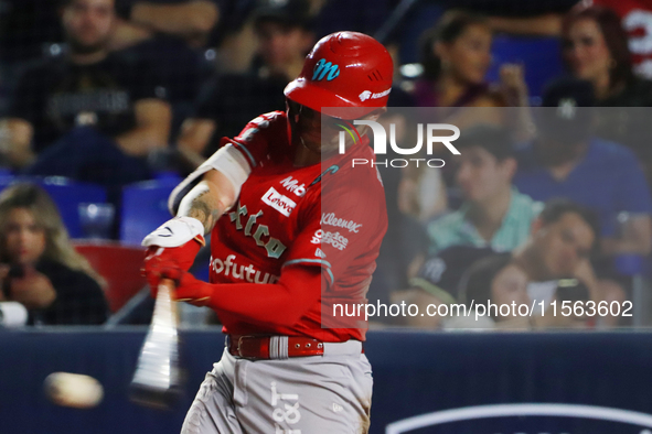 Juan Carlos Gamboa #47 of Diablos Rojos hits the ball during the 2024 Mexican Baseball League (LMB) King Series Championship match between D...