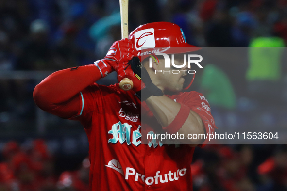 Franklin Barreto #43 of Diablos Rojos bats during the 2024 Mexican Baseball League (LMB) King Series Championship match between Diablos Rojo...