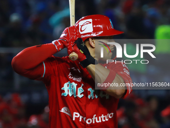 Franklin Barreto #43 of Diablos Rojos bats during the 2024 Mexican Baseball League (LMB) King Series Championship match between Diablos Rojo...