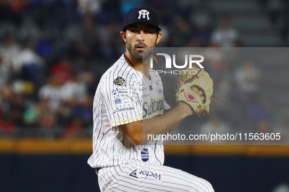 Jared Lankind #55 of Sultanes de Monterrey pitches the ball during the 2024 Mexican Baseball League (LMB) King Series Championship match bet...