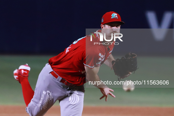 Brooks Hall #19 of Diablos Rojos pitches the ball during the 2024 Mexican Baseball League (LMB) King Series Championship match between Diabl...