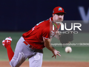 Brooks Hall #19 of Diablos Rojos pitches the ball during the 2024 Mexican Baseball League (LMB) King Series Championship match between Diabl...