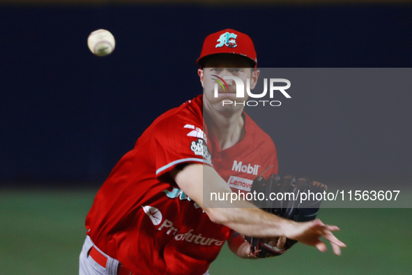 Brooks Hall #19 of Diablos Rojos pitches the ball during the 2024 Mexican Baseball League (LMB) King Series Championship match between Diabl...