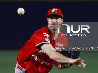 Brooks Hall #19 of Diablos Rojos pitches the ball during the 2024 Mexican Baseball League (LMB) King Series Championship match between Diabl...