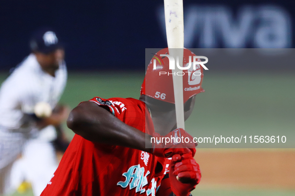 Aristides Aquino #56 of Diablos Rojos is at bat during the 2024 Mexican Baseball League (LMB) King Series Championship match between Diablos...