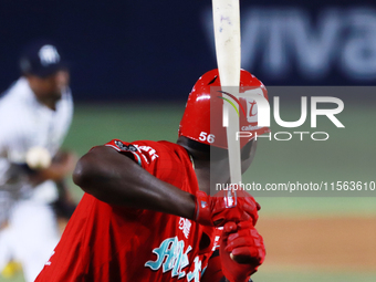 Aristides Aquino #56 of Diablos Rojos is at bat during the 2024 Mexican Baseball League (LMB) King Series Championship match between Diablos...