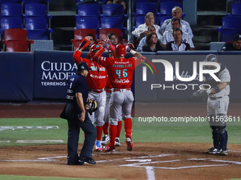 Jose Marmolejos #46 of Diablos Rojos celebrates after hitting a home run during the 2024 Mexican Baseball League (LMB) King Series Champions...