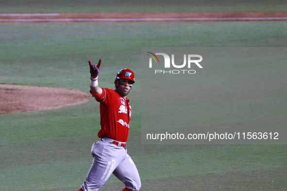 Jose Marmolejos #46 of Diablos Rojos celebrates after hitting a home run during the 2024 Mexican Baseball League (LMB) King Series Champions...