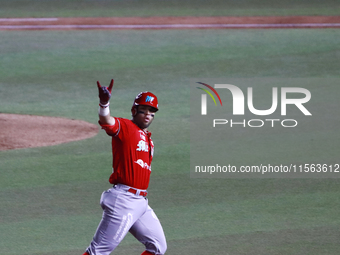 Jose Marmolejos #46 of Diablos Rojos celebrates after hitting a home run during the 2024 Mexican Baseball League (LMB) King Series Champions...