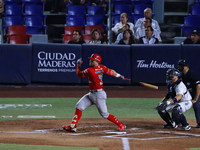 Jose Marmolejos #46 of Diablos Rojos hits the ball during the 2024 Mexican Baseball League (LMB) King Series Championship match between Diab...