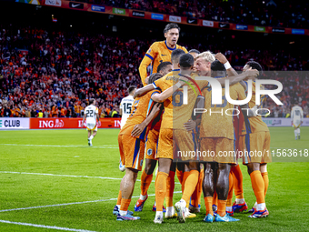 Netherlands forward Brian Brobbey and Netherlands defender Denzel Dumfries celebrate the goal during the match between the Netherlands and G...