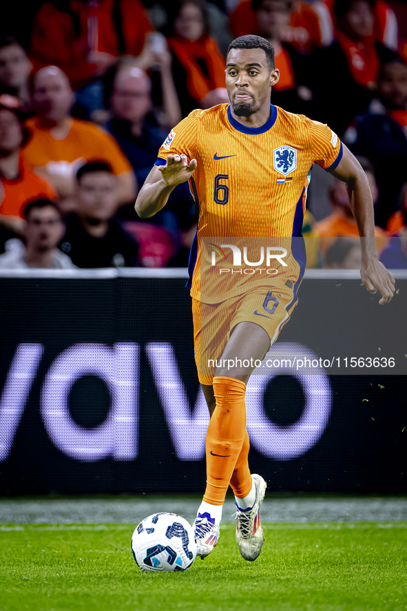 Netherlands midfielder Ryan Gravenberch plays during the match between the Netherlands and Germany at the Johan Cruijff ArenA for the UEFA N...