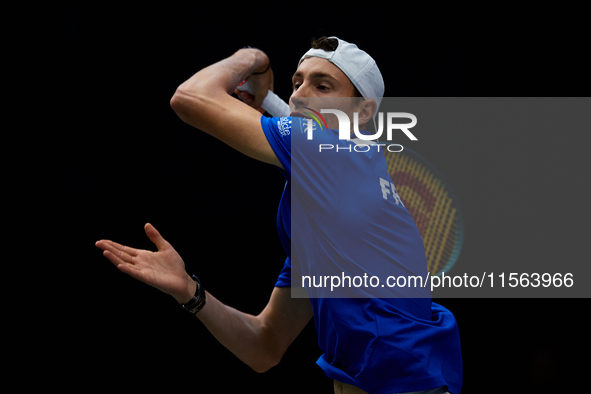 Ugo Humbert of France competes against Alexei Popyrin of Australia during the Davis Cup Group B Stage 2024 match between Australia and Franc...