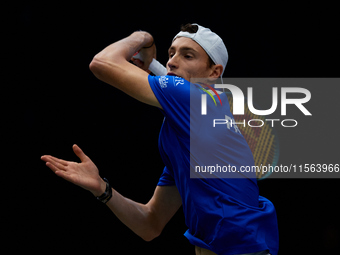 Ugo Humbert of France competes against Alexei Popyrin of Australia during the Davis Cup Group B Stage 2024 match between Australia and Franc...