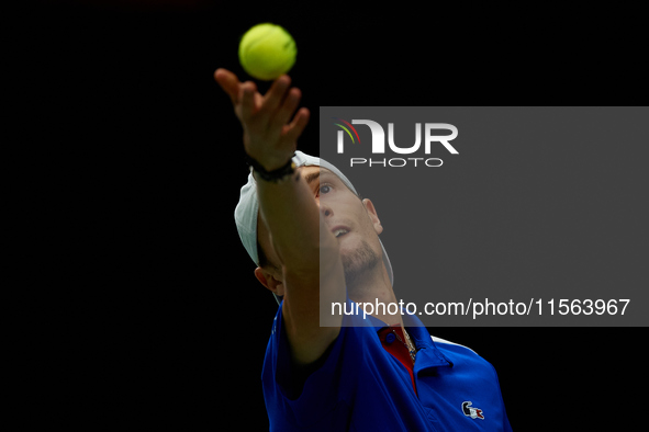 Ugo Humbert of France serves against Alexei Popyrin of Australia during the Davis Cup Group B Stage 2024 match between Australia and France...