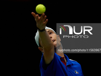 Ugo Humbert of France serves against Alexei Popyrin of Australia during the Davis Cup Group B Stage 2024 match between Australia and France...