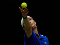 Ugo Humbert of France serves against Alexei Popyrin of Australia during the Davis Cup Group B Stage 2024 match between Australia and France...