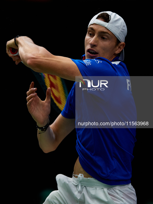 Ugo Humbert of France competes against Alexei Popyrin of Australia during the Davis Cup Group B Stage 2024 match between Australia and Franc...