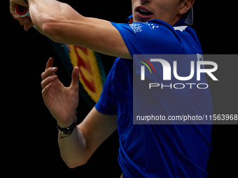 Ugo Humbert of France competes against Alexei Popyrin of Australia during the Davis Cup Group B Stage 2024 match between Australia and Franc...