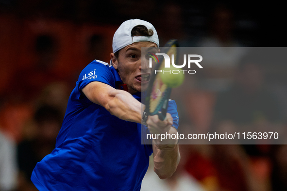 Ugo Humbert of France competes against Alexei Popyrin of Australia during the Davis Cup Group B Stage 2024 match between Australia and Franc...