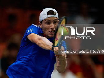 Ugo Humbert of France competes against Alexei Popyrin of Australia during the Davis Cup Group B Stage 2024 match between Australia and Franc...