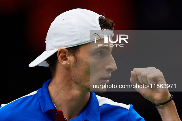 Ugo Humbert of France celebrates a point against Alexei Popyrin of Australia during the Davis Cup Group B Stage 2024 match between Australia...