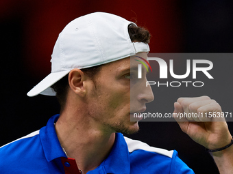 Ugo Humbert of France celebrates a point against Alexei Popyrin of Australia during the Davis Cup Group B Stage 2024 match between Australia...