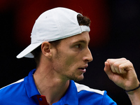 Ugo Humbert of France celebrates a point against Alexei Popyrin of Australia during the Davis Cup Group B Stage 2024 match between Australia...