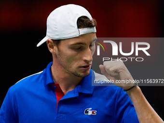 Ugo Humbert of France celebrates a point against Alexei Popyrin of Australia during the Davis Cup Group B Stage 2024 match between Australia...