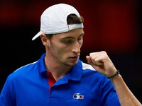 Ugo Humbert of France celebrates a point against Alexei Popyrin of Australia during the Davis Cup Group B Stage 2024 match between Australia...