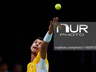 Alexei Popyrin of Australia serves against Ugo Humbert of France during the Davis Cup Group B Stage 2024 match between Australia and France...