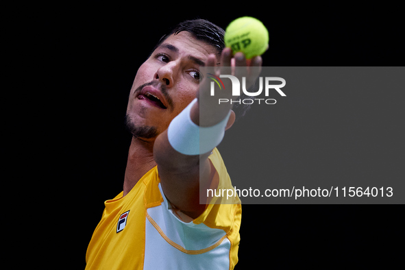 Alexei Popyrin of Australia serves against Ugo Humbert of France during the Davis Cup Group B Stage 2024 match between Australia and France...