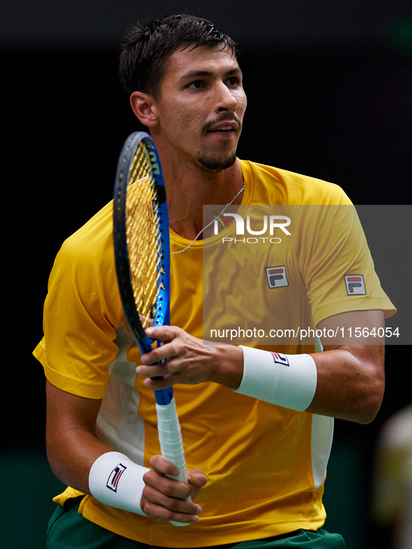 Alexei Popyrin of Australia competes against Ugo Humbert of France during the Davis Cup Group B Stage 2024 match between Australia and Franc...