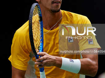 Alexei Popyrin of Australia competes against Ugo Humbert of France during the Davis Cup Group B Stage 2024 match between Australia and Franc...