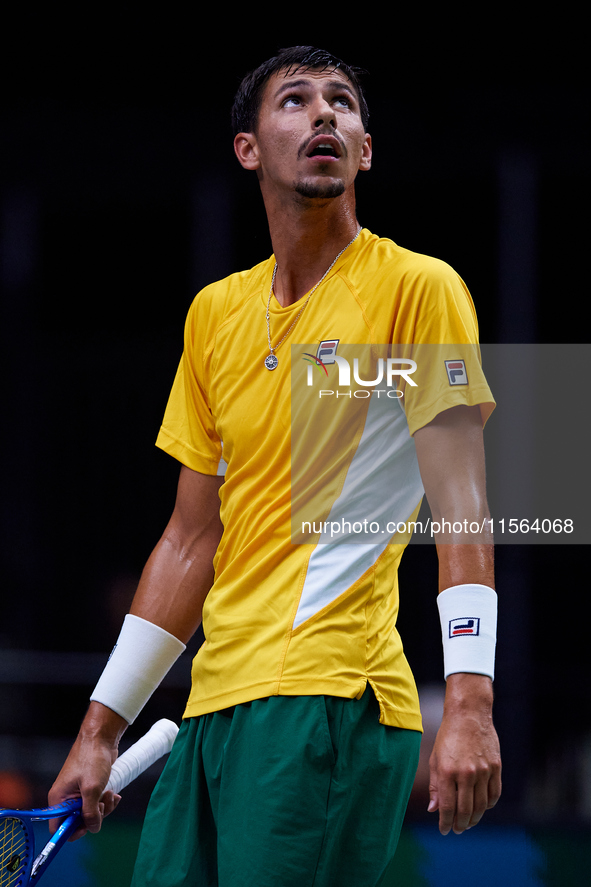 Alexei Popyrin of Australia looks on during the game against Ugo Humbert of France during the Davis Cup Group B Stage 2024 match between Aus...