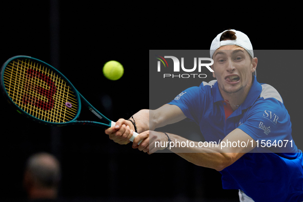 Ugo Humbert of France competes against Alexei Popyrin of Australia during the Davis Cup Group B Stage 2024 match between Australia and Franc...