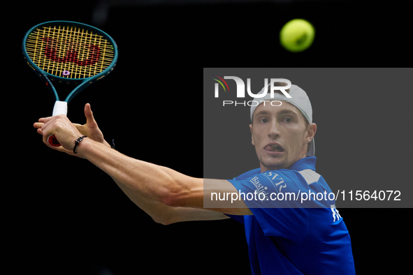 Ugo Humbert of France competes against Alexei Popyrin of Australia during the Davis Cup Group B Stage 2024 match between Australia and Franc...