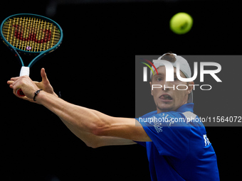 Ugo Humbert of France competes against Alexei Popyrin of Australia during the Davis Cup Group B Stage 2024 match between Australia and Franc...