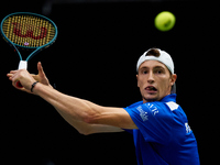 Ugo Humbert of France competes against Alexei Popyrin of Australia during the Davis Cup Group B Stage 2024 match between Australia and Franc...