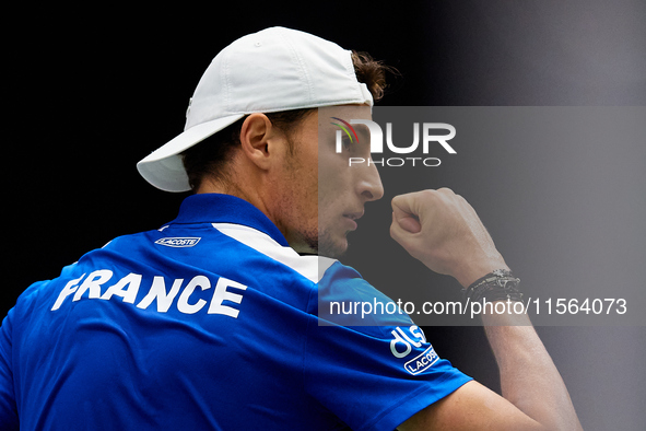 Ugo Humbert of France celebrates a point against Alexei Popyrin of Australia during the Davis Cup Group B Stage 2024 match between Australia...