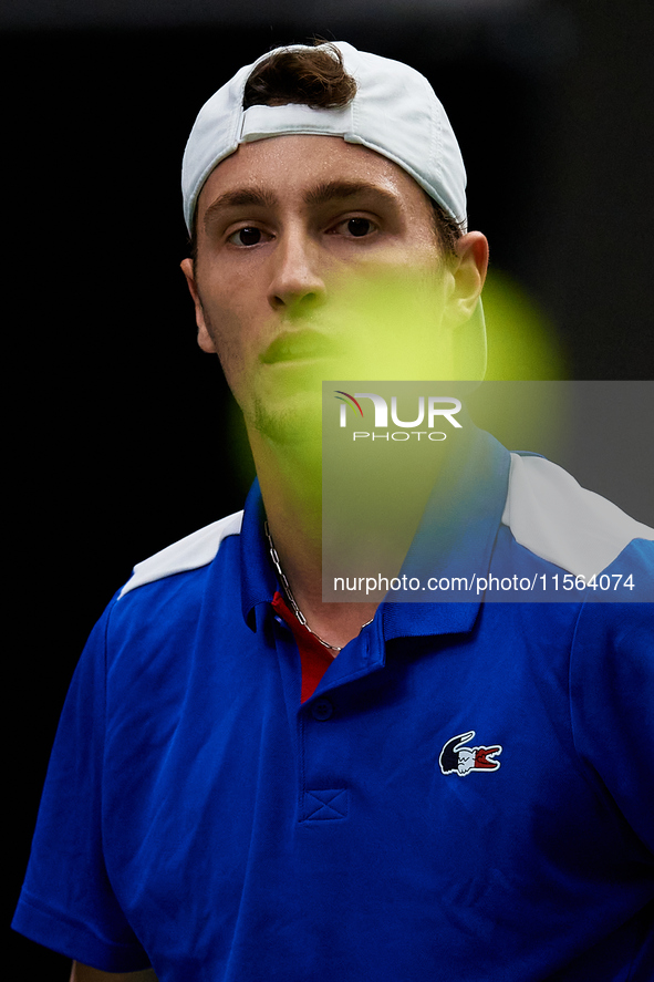 Ugo Humbert of France watches the ball against Alexei Popyrin of Australia during the Davis Cup Group B Stage 2024 match between Australia a...