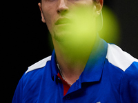 Ugo Humbert of France watches the ball against Alexei Popyrin of Australia during the Davis Cup Group B Stage 2024 match between Australia a...