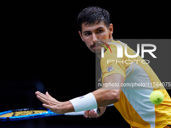 Alexei Popyrin of Australia competes against Ugo Humbert of France during the Davis Cup Group B Stage 2024 match between Australia and Franc...