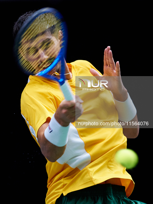 Alexei Popyrin of Australia competes against Ugo Humbert of France during the Davis Cup Group B Stage 2024 match between Australia and Franc...