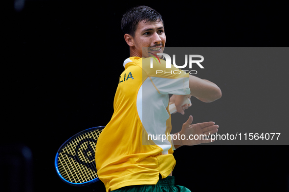 Alexei Popyrin of Australia competes against Ugo Humbert of France during the Davis Cup Group B Stage 2024 match between Australia and Franc...