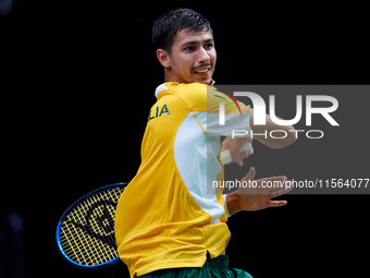 Alexei Popyrin of Australia competes against Ugo Humbert of France during the Davis Cup Group B Stage 2024 match between Australia and Franc...