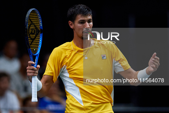 Alexei Popyrin of Australia reacts during the game against Ugo Humbert of France during the Davis Cup Group B Stage 2024 match between Austr...