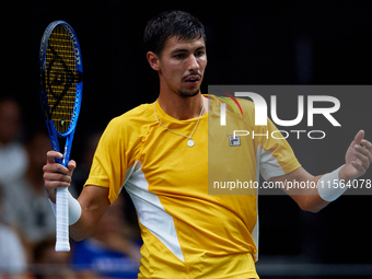 Alexei Popyrin of Australia reacts during the game against Ugo Humbert of France during the Davis Cup Group B Stage 2024 match between Austr...